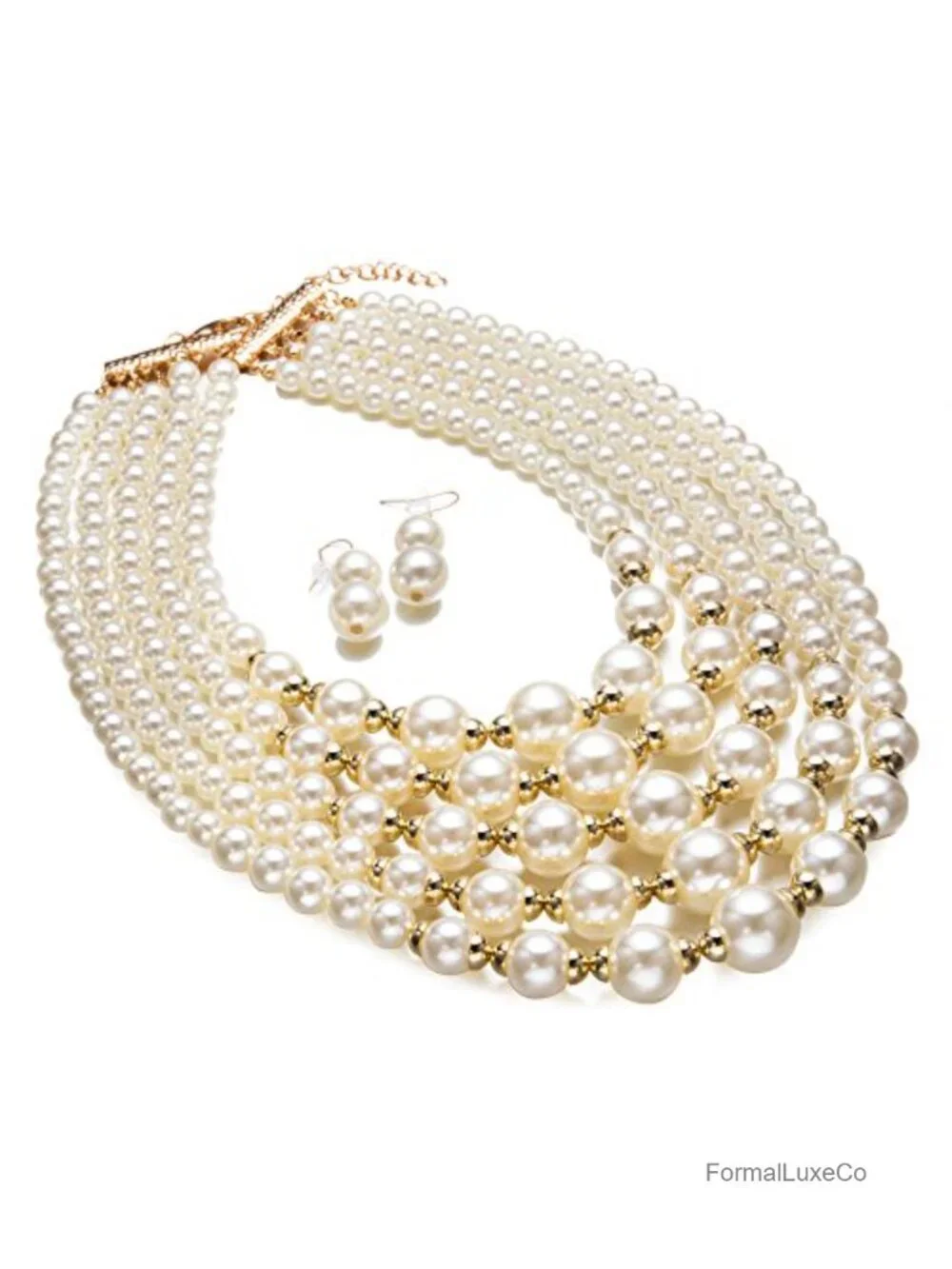 Faux Pearl Bead Cluster Collar Bib Choker Necklace and Earrings Set